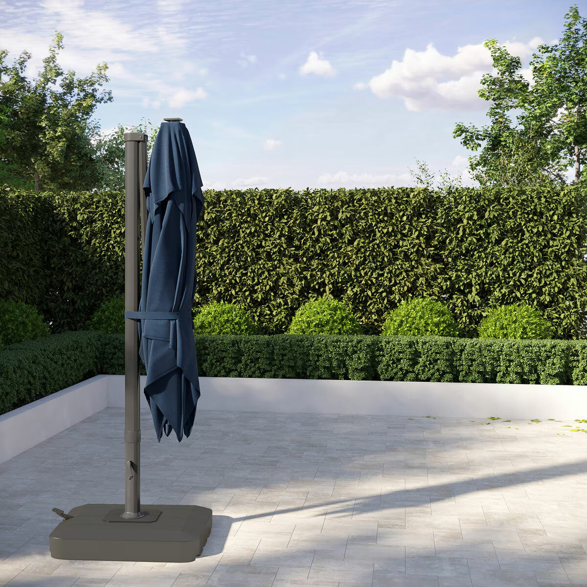 Seasons Sentry 10Ft (3M) Square 2-Tier LED Solar Cantilever Umbrella with Rolling Base in Blue
