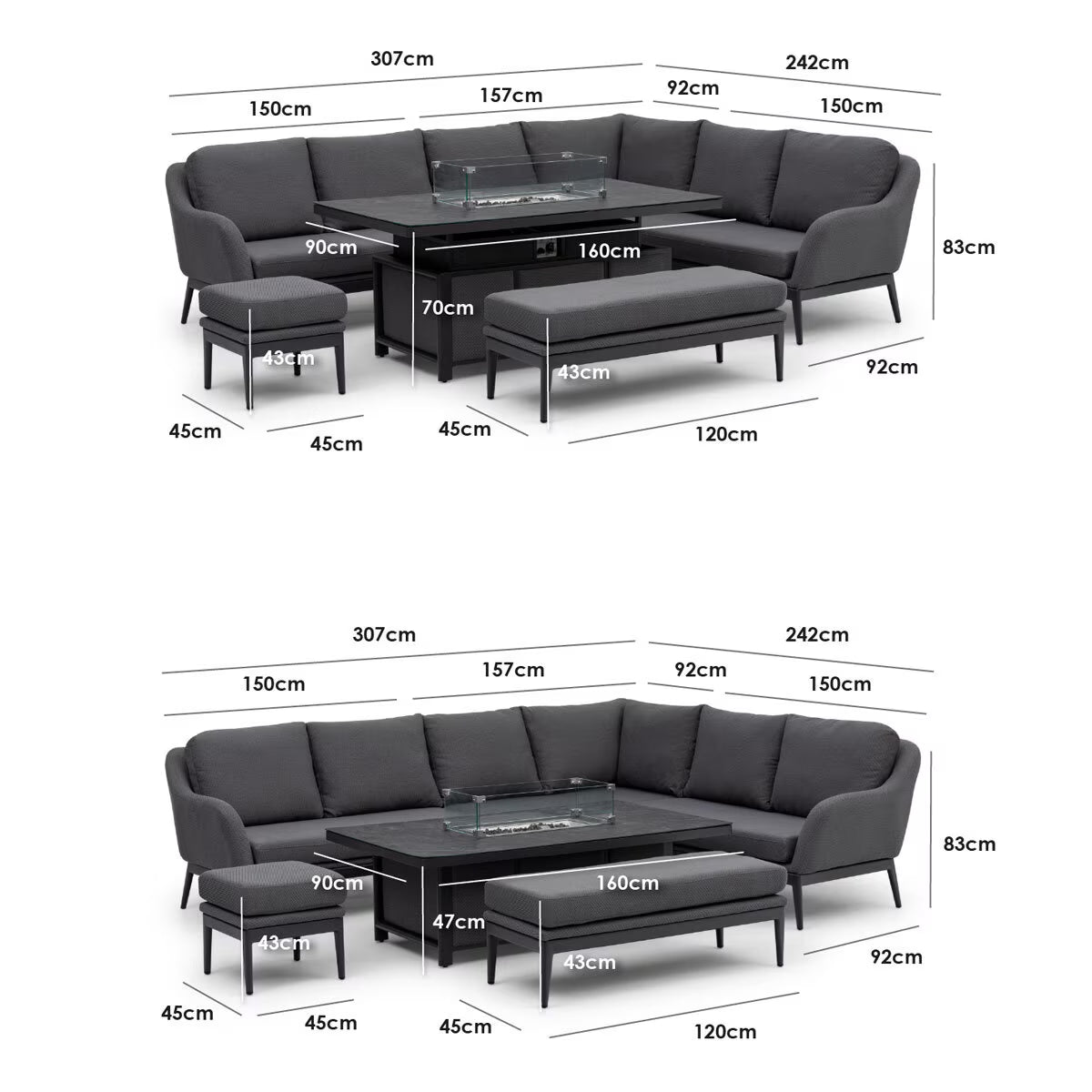 Harbour Lifestyle Luna Corner Patio Set with Rising Firepit Table (Right or Left Hand) + Cover