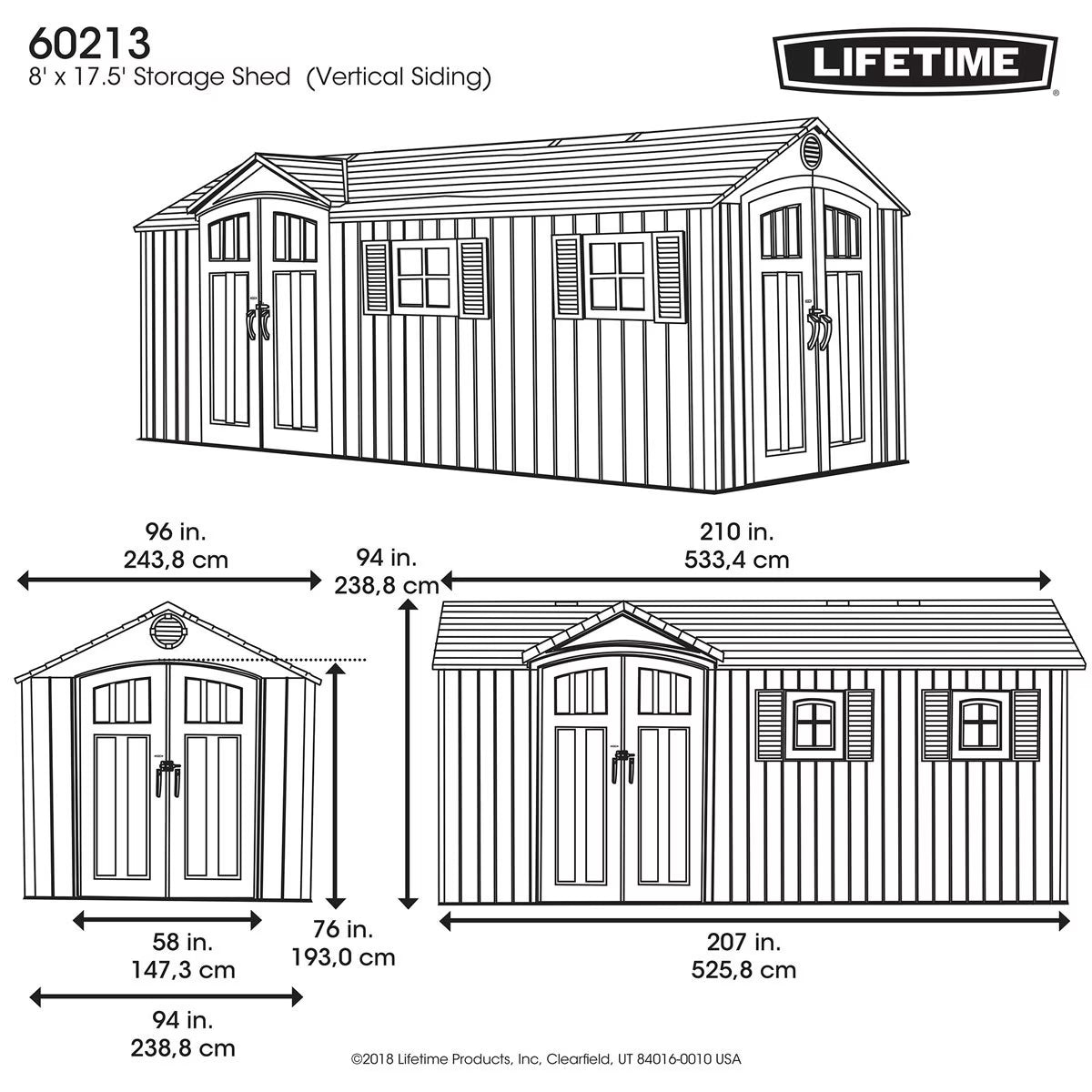 Lifetime 17.5Ft X 8Ft (5.3 X 2.4M) Dual Entry Outdoor Storage Shed - Model 60213