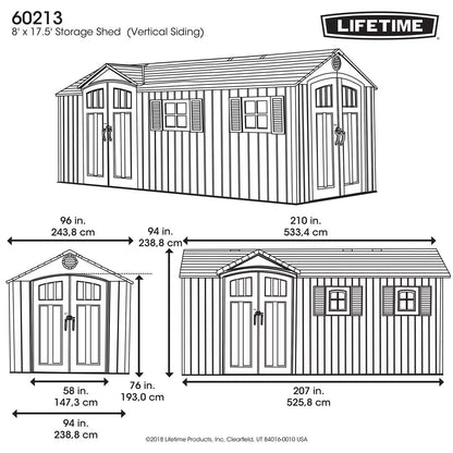 Lifetime 17.5Ft X 8Ft (5.3 X 2.4M) Dual Entry Outdoor Storage Shed - Model 60213