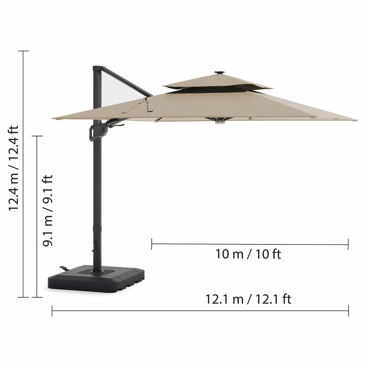 Seasons Sentry 10Ft (3M) Square 2-Tier LED Solar Cantilever Umbrella with Rolling Base in Beige
