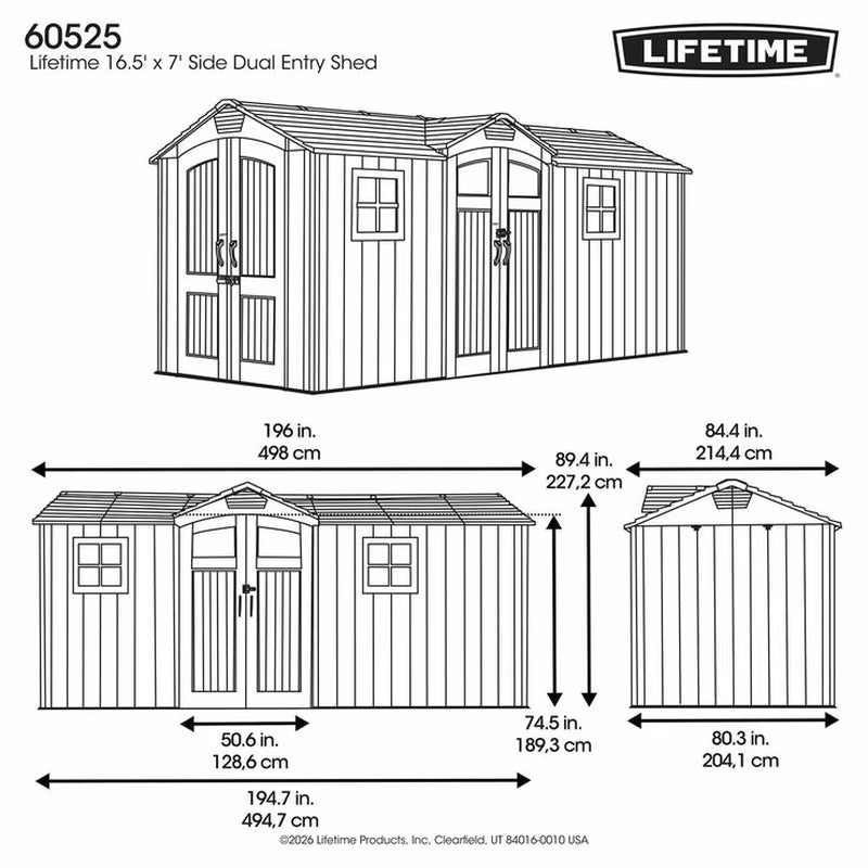 Lifetime 16.5Ft X 7Ft (4.9 X 2M) Dual Entry Outdoor Storage Shed - Model 60525