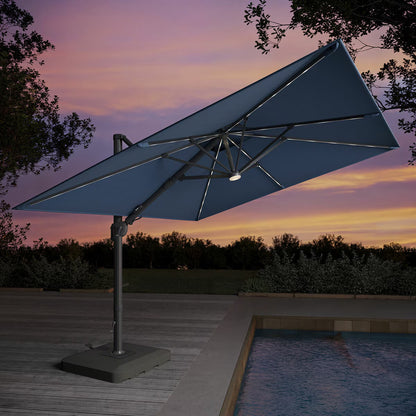 Seasons Sentry 10Ft (3M) Square 2-Tier LED Solar Cantilever Umbrella with Rolling Base in Blue