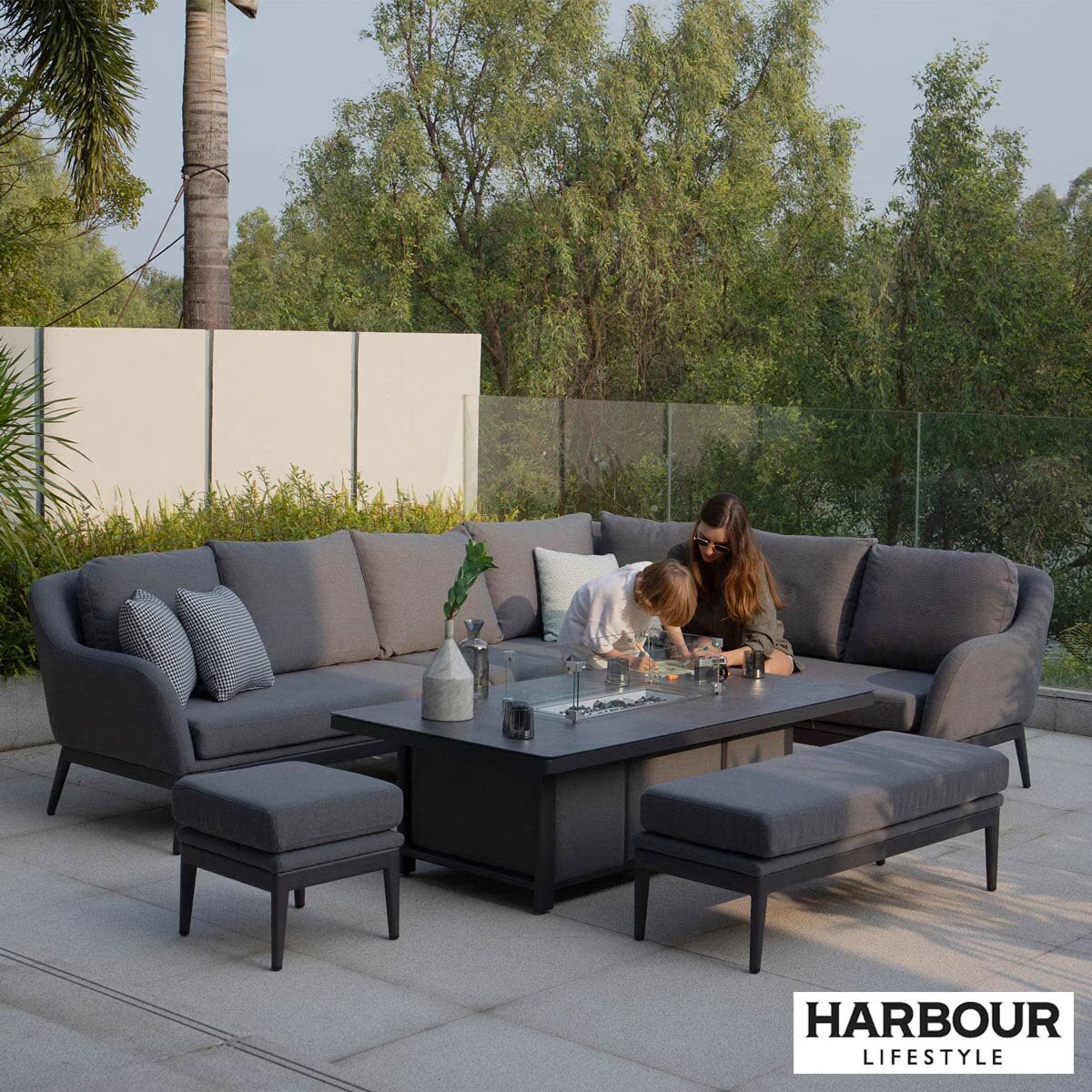 Harbour Lifestyle Luna Corner Patio Set with Rising Firepit Table (Right or Left Hand) + Cover