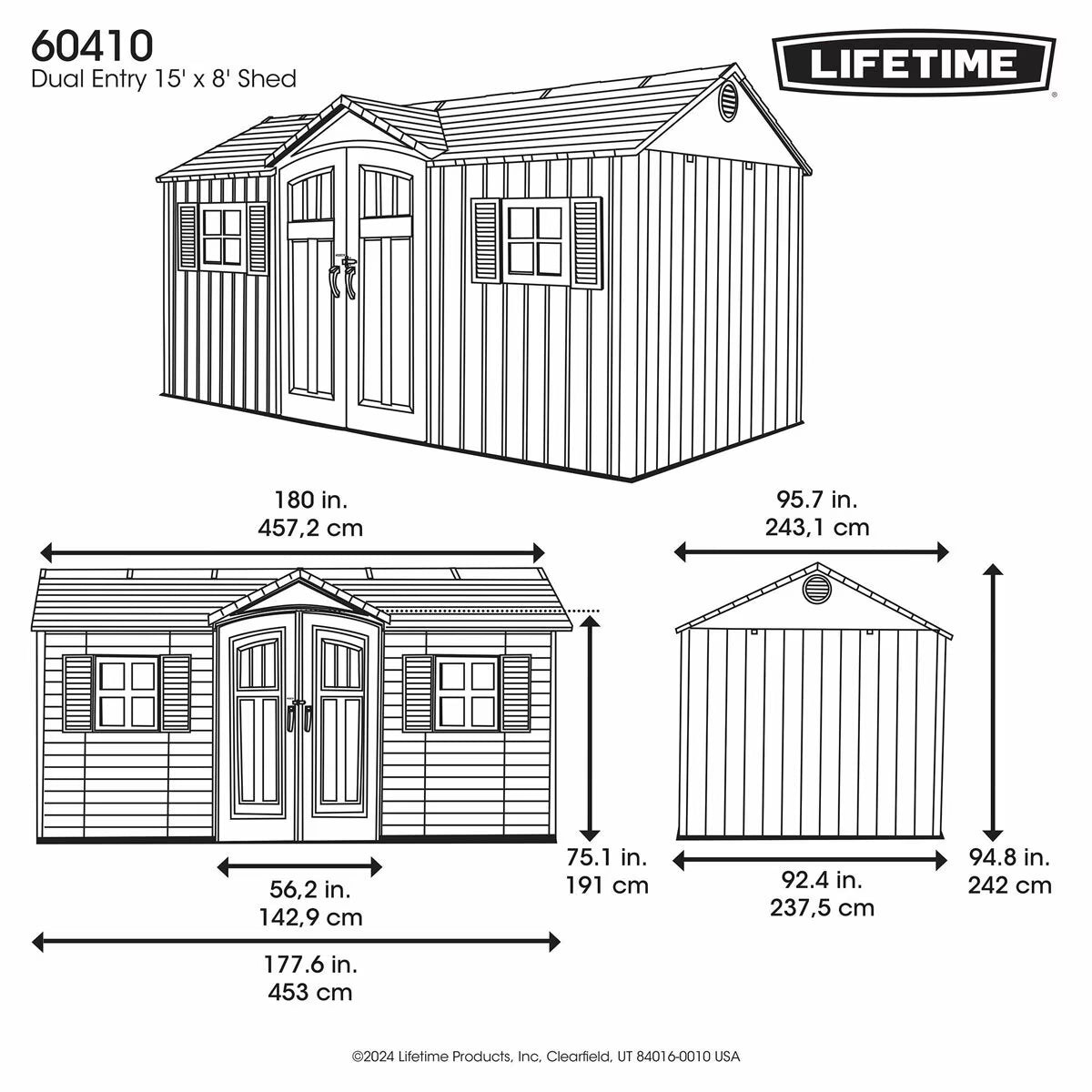 15Ft X 8Ft (4.5 X 2.5M) Dual Entry Outdoor Storage Shed - Model 60410