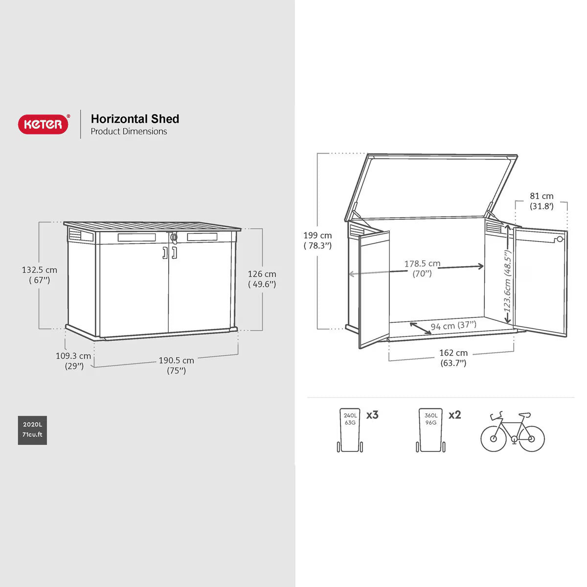 Rosewood Horizon 6Ft 3" X 3Ft 7" (1.9 X 1.1M) Horizontal 2,020 Litre Storage Shed
