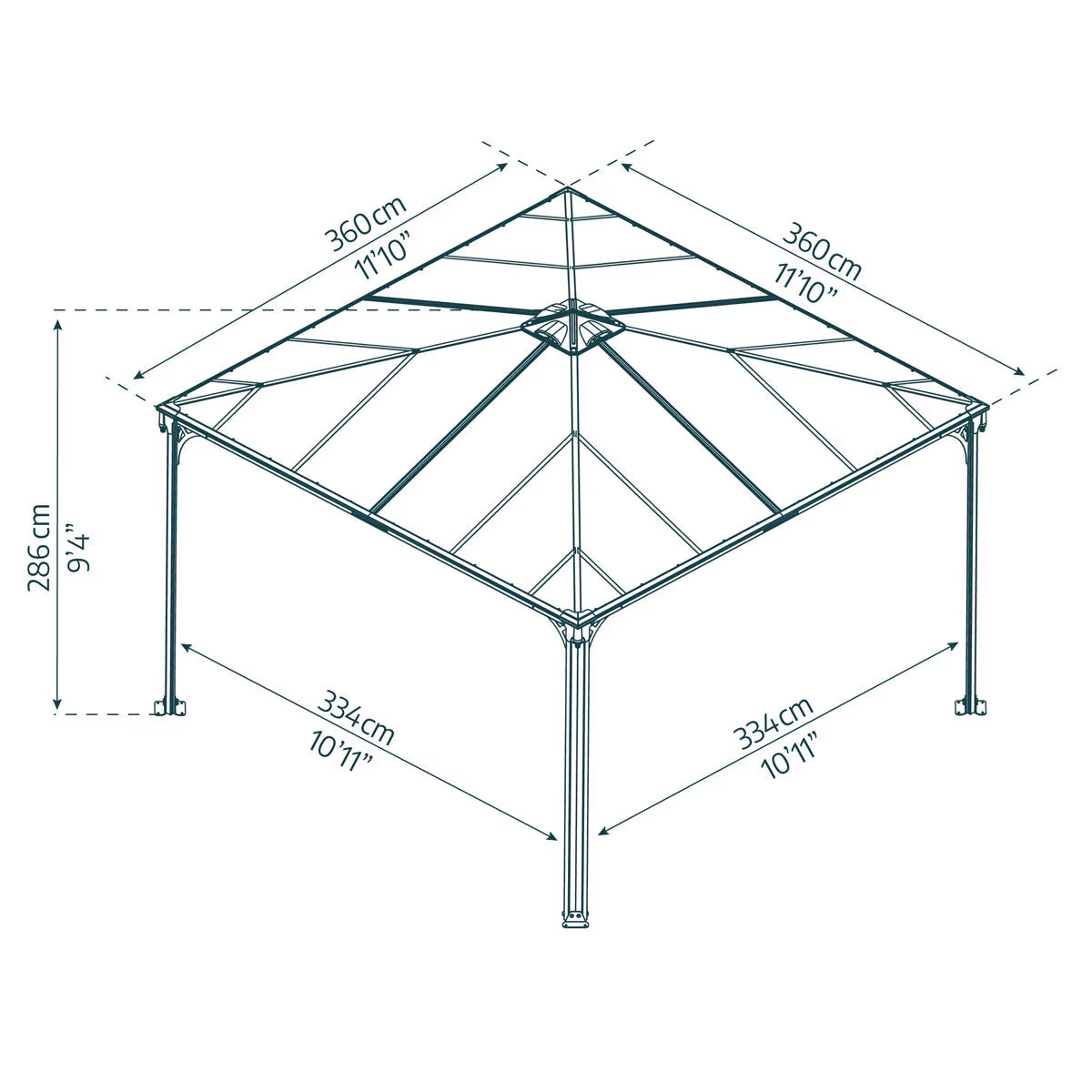 Palram Canopia Palermo 11Ft 9" X 11Ft 9" (3.6 X 3.6M) Aluminium and Polycarbonate Gazebo