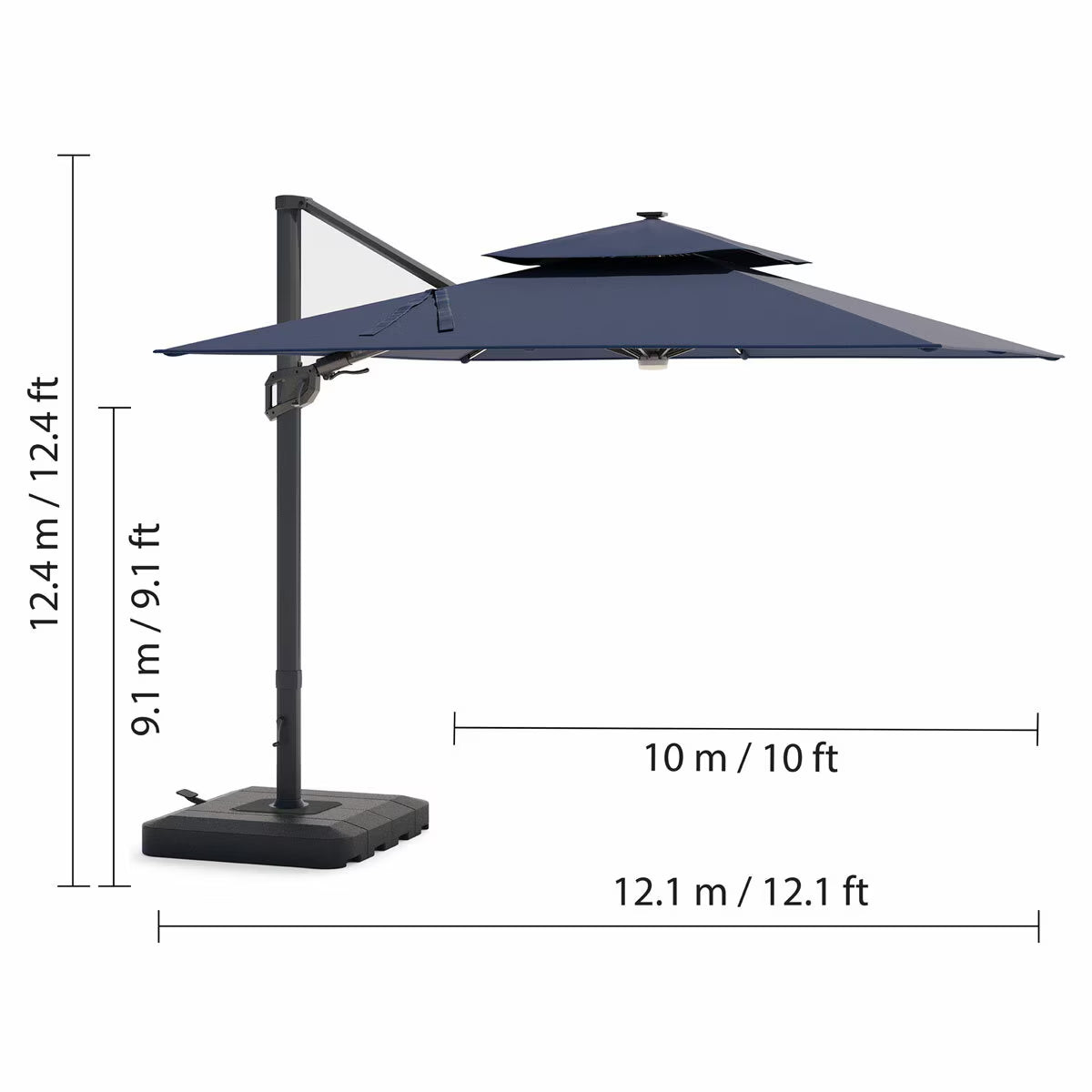 Seasons Sentry 10Ft (3M) Square 2-Tier LED Solar Cantilever Umbrella with Rolling Base in Blue